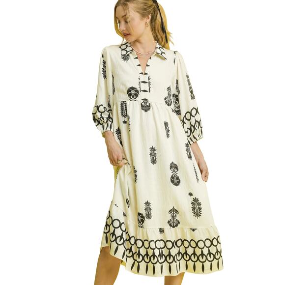 Umgee Dresses & Skirts - NWT Cora Black and Cream Boho Print Midi Dress with Puff Sleeves Large